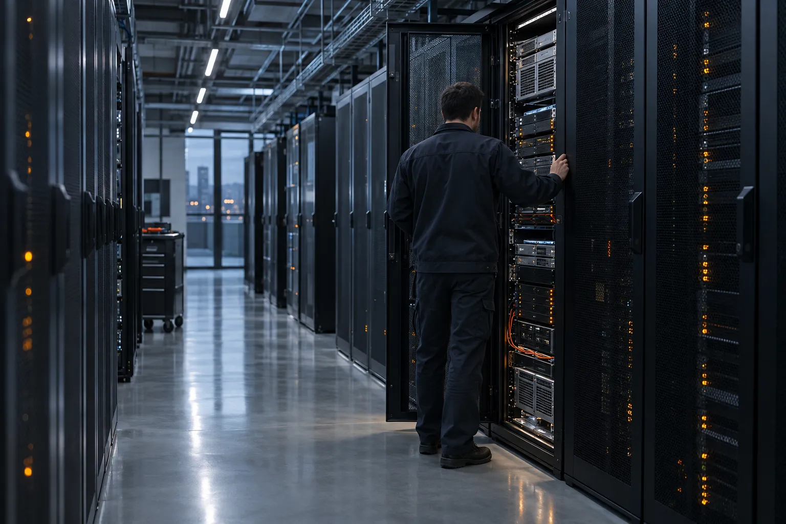 An engineer checks an open server rack in a quiet data centre.