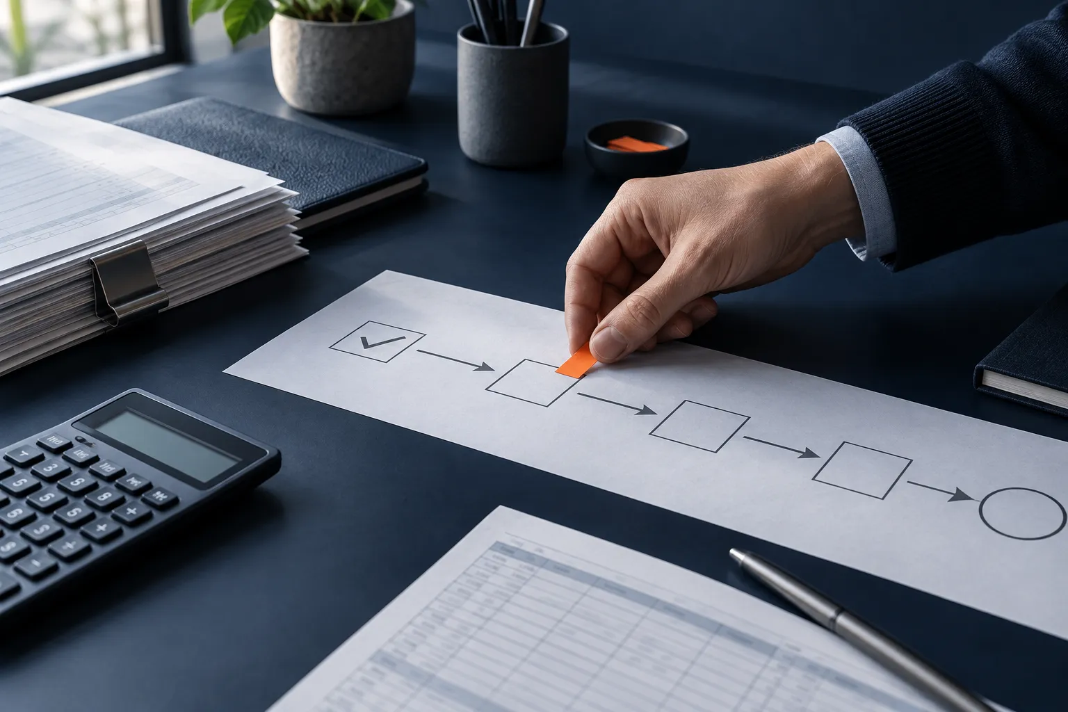 A person places an orange review marker on one stage of a paper workflow beside finance documents.