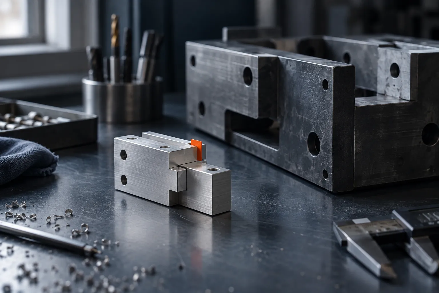 A small assembled metal prototype beside a much larger unfinished component.