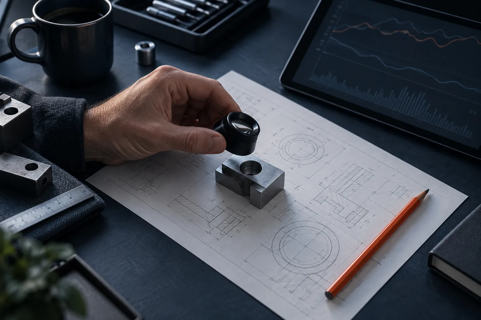 An engineer inspects a physical sample with a loupe beside a tablet displaying charts.