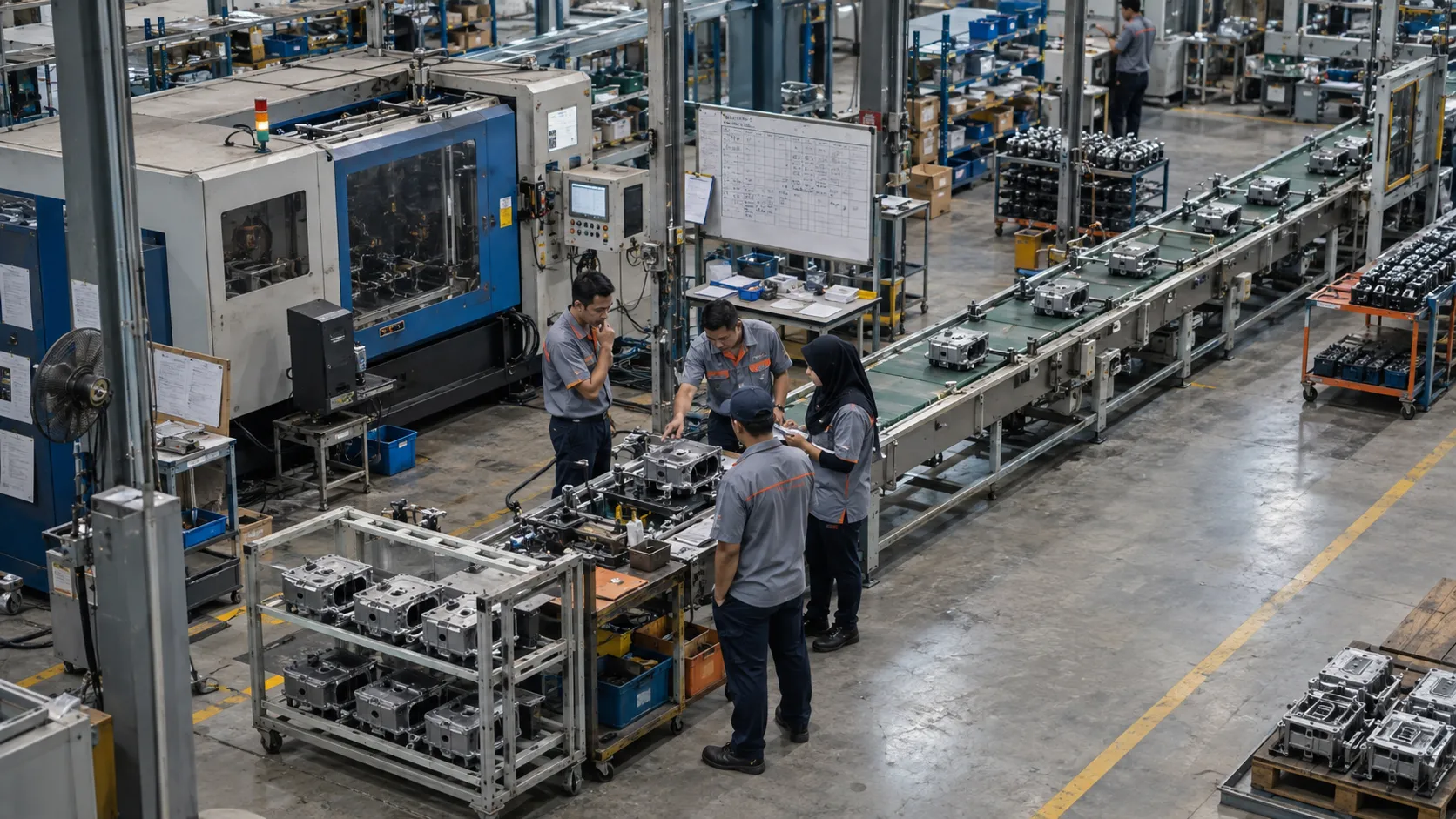 Factory operators inspect a stopped production station while completed components wait beside the line.